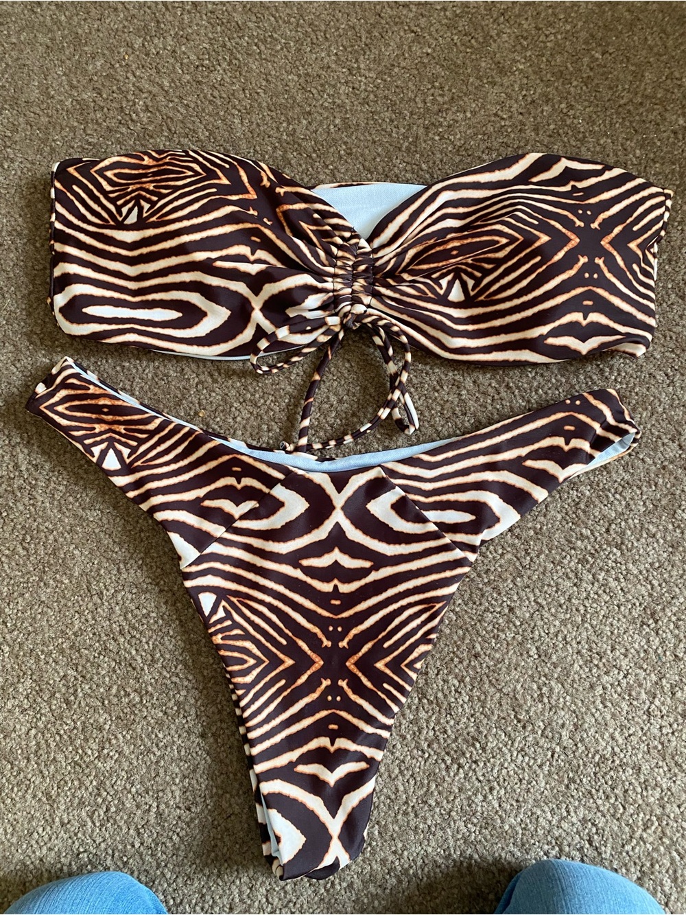 SHEIN Brown and Cream Animal-Print Bandeau Bikini